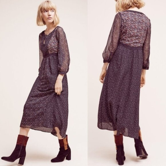 Anthropologie Floreat Countryside Dress Size 4 Mixed Print 3/4 Sleeve Prairie - Picture 1 of 12